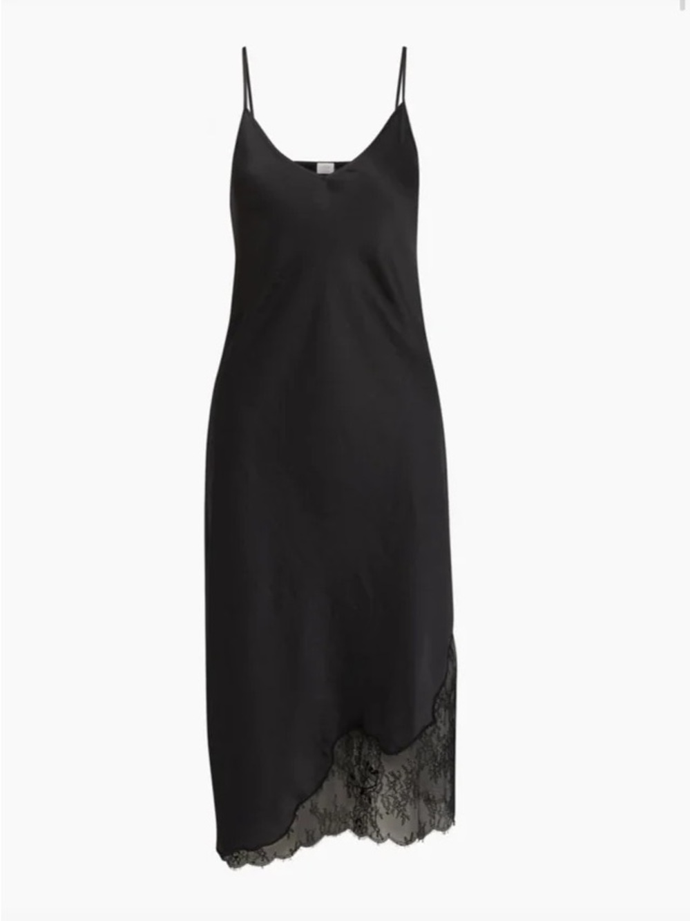Aritzia Black Satin Slip Midi Dress with Lace Trim